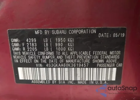 2019 Subaru Impreza 2.0I from USA, damaged, VIN 4S3GKAA60K3619457